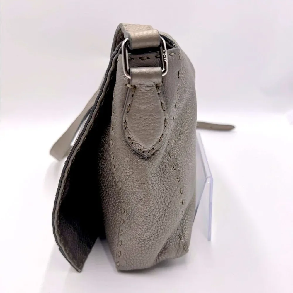 Auth Fendi Metallic Grey Beige Selleria Leather Anna Crossbody Messenger Bag - Picture 2 of 15